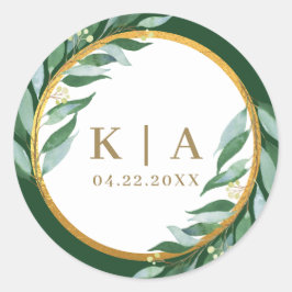 Pegatina Redonda Elegante Foliage Gold Leaf Green Monograma Boda
