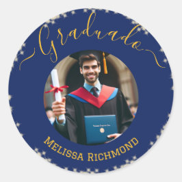 Pegatina Redonda Elegante foto azul español graduado