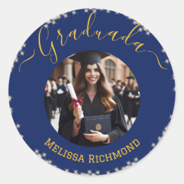 Pegatina Redonda Elegante foto azul español graduado
