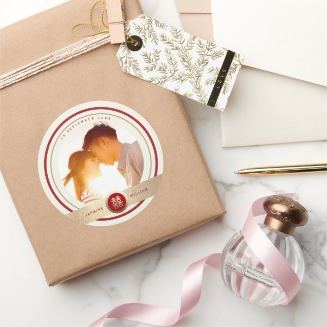 Pegatina Redonda Elegante foto de Boda chino de doble felicidad (Regalar)