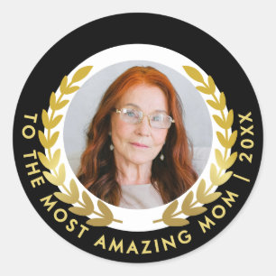 Pegatina Redonda Elegante Foto De Tributo De Laurel Negro Y De Oro