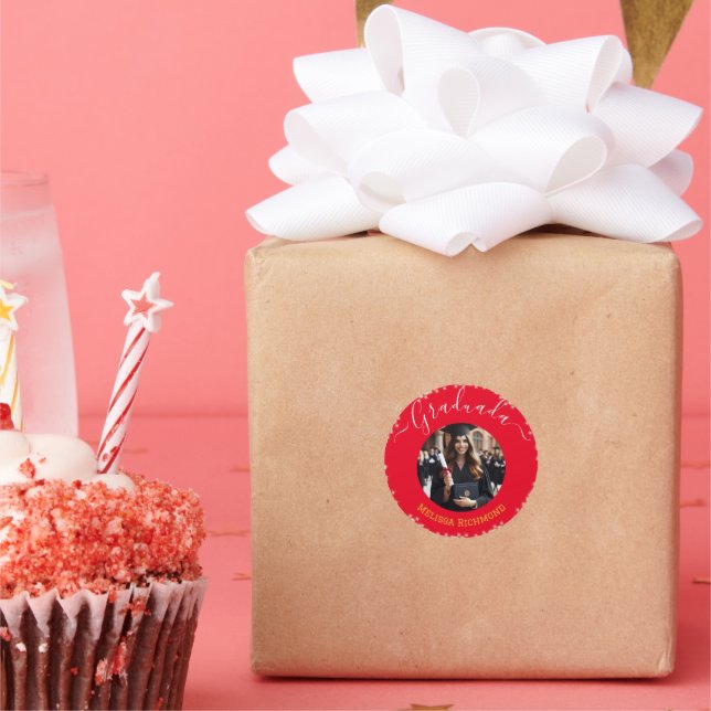 Pegatina Redonda Elegante foto roja español graduado (Fiesta)