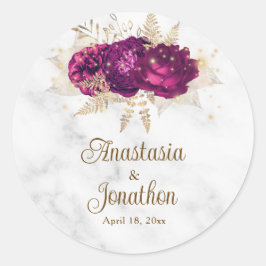 Pegatina Redonda Elegante Fuchsia Boda con marco de oro floral rosa