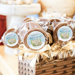 Pegatina Redonda Elegante Fuente del lugar Palomas flores Despedida