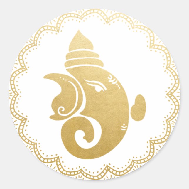 Pegatina Redonda Elegante Ganapati Dorado Dios Hindú Indio Elegante (Anverso)