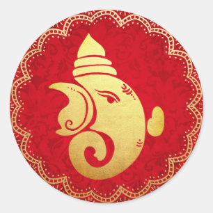 Pegatina Redonda Elegante Ganapati dorado Dios hindú indio Rojo 