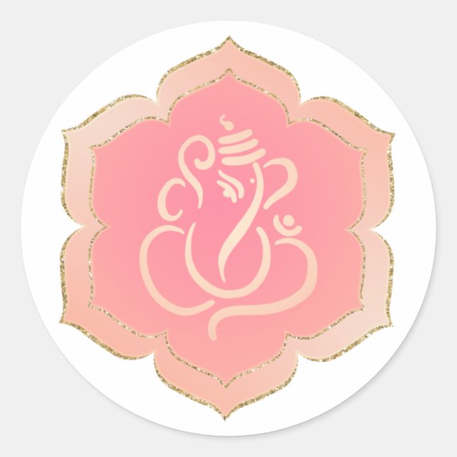 Pegatina Redonda Elegante Ganesh/ Dios Indio de Oro Rosa Roun Clási (Anverso)