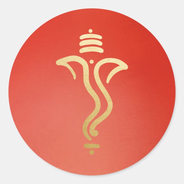 Pegatina Redonda Elegante Ganesh Oro / Rojo Dios Indio (Anverso)