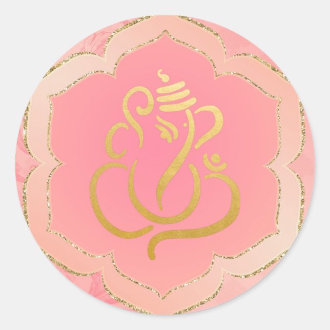 Pegatina Redonda Elegante Ganesh Oro Rosa / Dios Indio (Anverso)