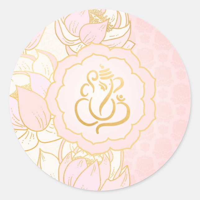 Pegatina Redonda Elegante Ganesh Oro Rosa / Dios Indio (Anverso)