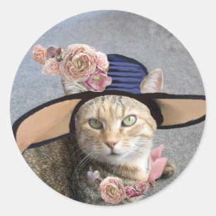 Pegatina Redonda ELEGANTE GATO CON GRAN GORRA DIVA, ROSES PINK Vale