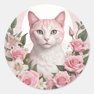 Pegatina Redonda Elegante gato floral con Rosas vibrantes y lirios