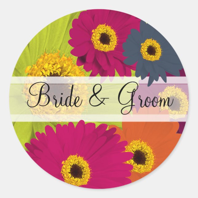 Pegatina Redonda Elegante Gerber Daisy Wedding Stickers (Anverso)