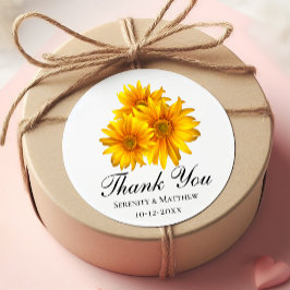 Pegatina Redonda Elegante Girasol Gracias Boda Floral Amarillo