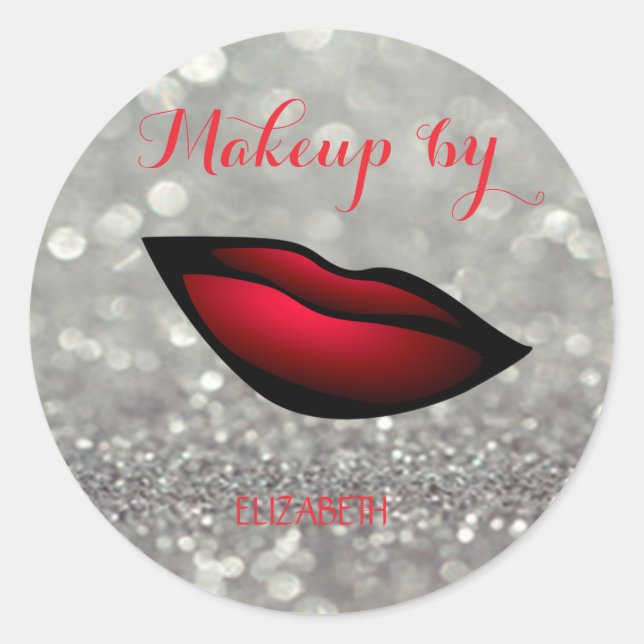 Pegatina Redonda Elegante Girly Moderno, Purpurina, Labios Rojos de (Anverso)
