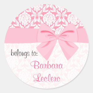 Pegatina Redonda Elegante Girly Pink Damask Wow Personalizado