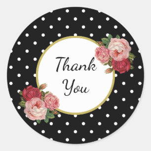 Pegatina Redonda Elegante Girly Vintage Dots Rosas Floral Gracias