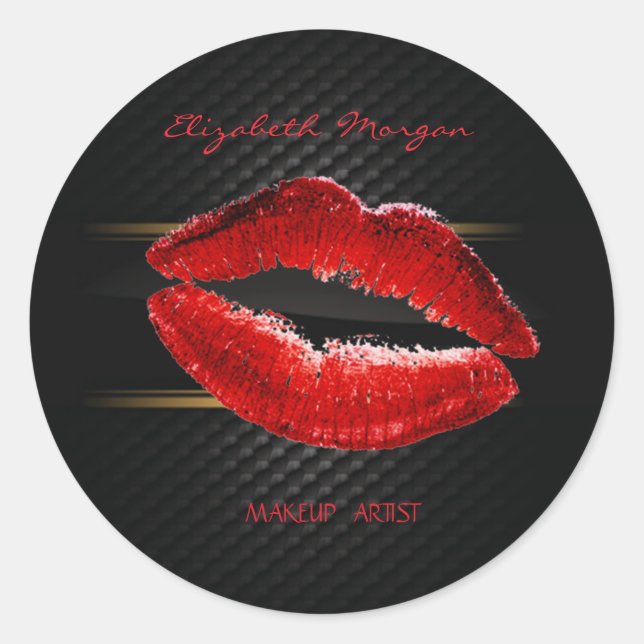 Pegatina Redonda Elegante Girona Moderna, Labios Rojos Purpurinoso, (Anverso)