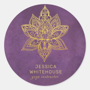 Pegatina Redonda Elegante Gold Lotus Flower Purple