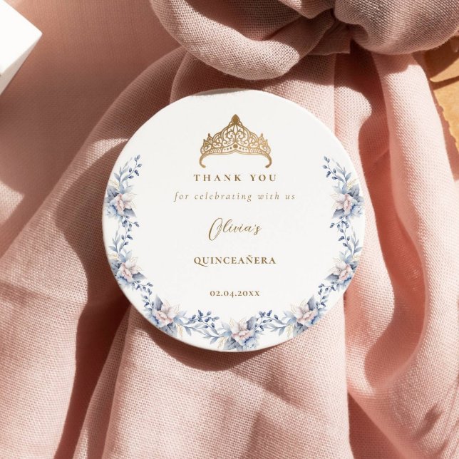 Pegatina Redonda Elegante Gold Tiara Blue Floral Quinceañera (Subido por el creador)