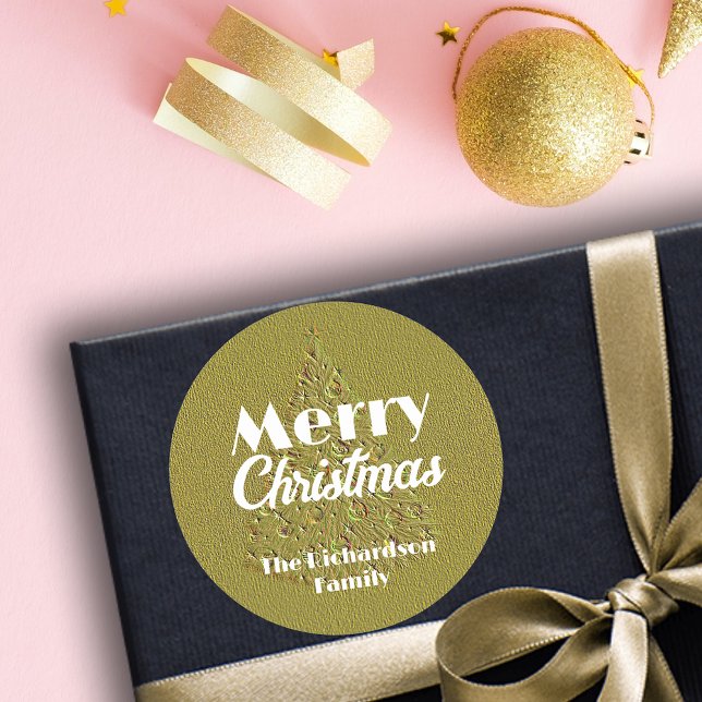 Pegatina Redonda Elegante Grabado en relieve de oro festivo árbol d (Subido por el creador)