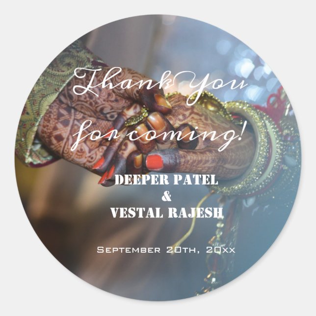 Pegatina Redonda Elegante Gracias Caligrafía Henna Boda Indio (Anverso)