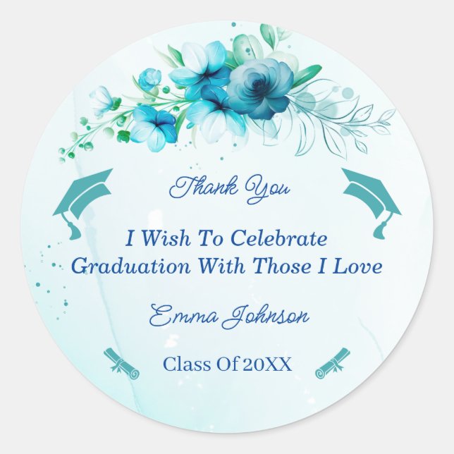 Pegatina Redonda Elegante Graduación de Flor Azul Personalizada (Anverso)