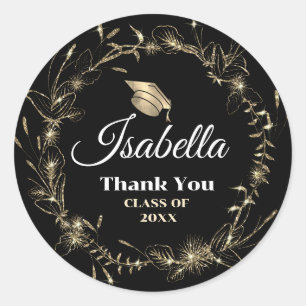 Pegatina Redonda Elegante Graduación de nombre de cuadro dorado