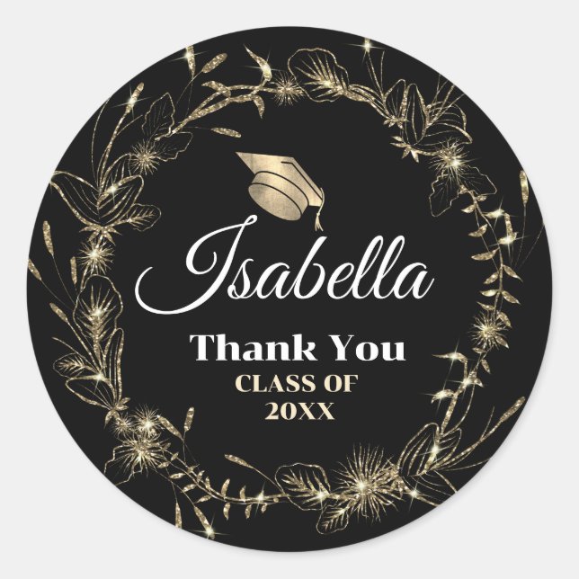 Pegatina Redonda Elegante Graduación de nombre de cuadro dorado (Anverso)