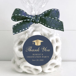 Pegatina Redonda Elegante Graduación de Oro Azul Gracias