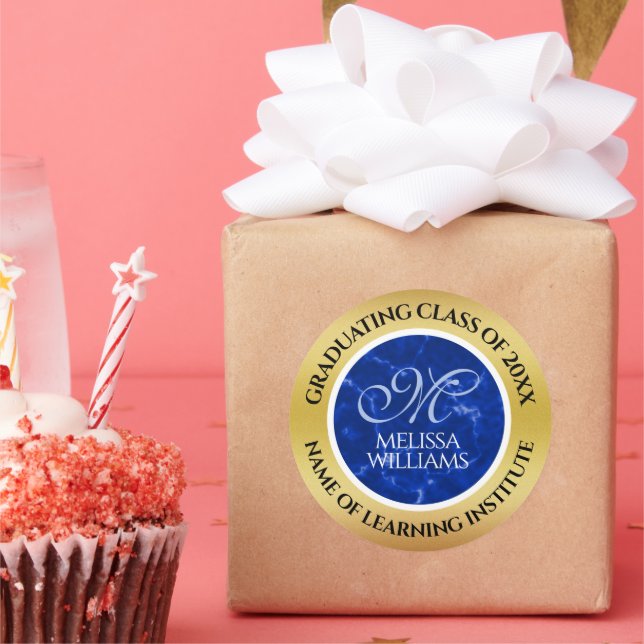 Pegatina Redonda Elegante Graduación Monograma Relieve metalizado d (Fiesta)