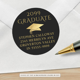Pegatina Redonda Elegante Graduado Black Gold Cap Return Address