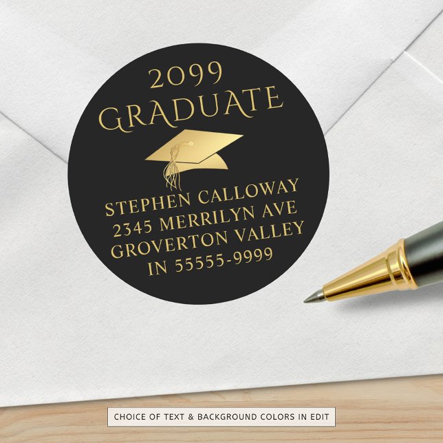 Pegatina Redonda Elegante Graduado Black Gold Cap Return Address (Subido por el creador)