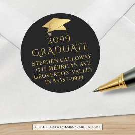 Pegatina Redonda Elegante Graduado Black Gold Cap Return Address