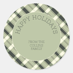 Pegatina Redonda Elegante Green Plaid Festive Winter Happy Holidays
