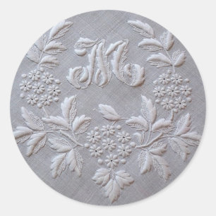 Pegatina Redonda Elegante Gris Embroidery Floral Monograma M