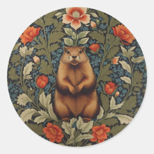 Pegatina Redonda Elegante Groundhog William Morris inspirado