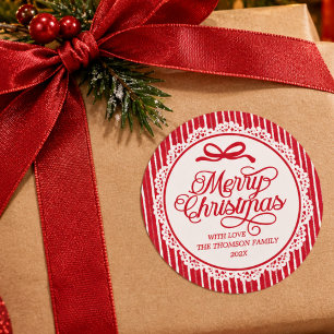 Pegatina Redonda Elegante guión de Feliz Navidad con rayas de lazo
