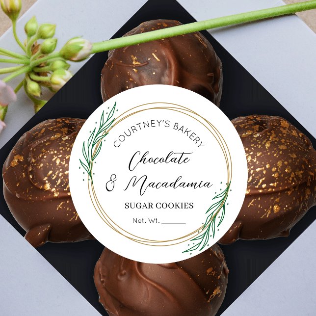Pegatina Redonda Elegante guión de vegetación Wreath Sugar cocina c (Bakery Labels Featuring Faux Gold Wreath with Greenery, stylish fonts and white background)