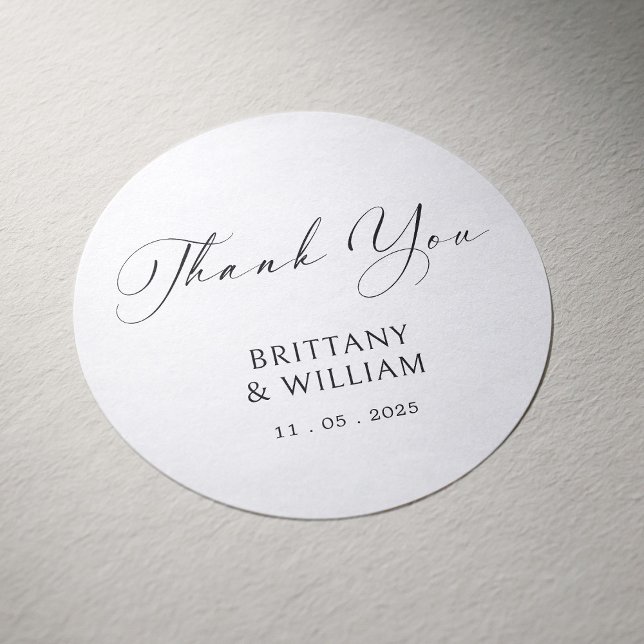 Pegatina Redonda Elegante Guión Gracias Pegatinas De Boda (Elegant Black Script Thank You Wedding Stickers)