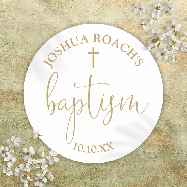 Pegatina Redonda Elegante guión moderno bautismo de oro (Modern Elegant Script Gold Baptism Classic Round Sticker)