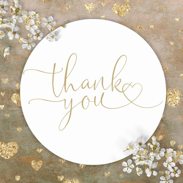 Pegatina Redonda Elegante guión moderno de oro gracias (Elegant Modern Gold Heart Script Thank You Classic Round Sticker)