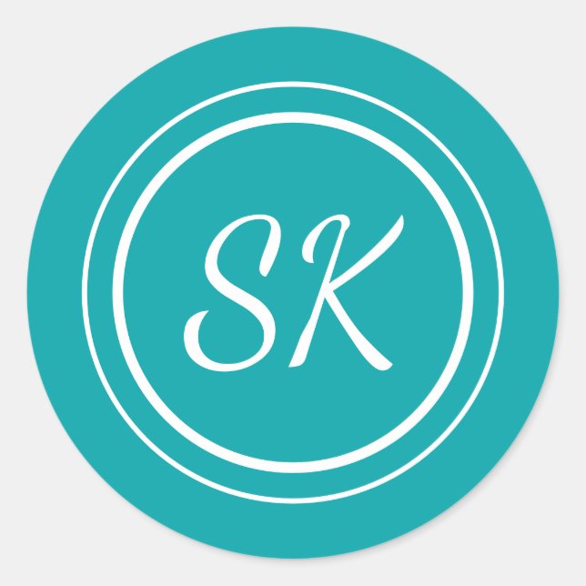 Pegatina Redonda Elegante guión Verde azulado Profesional Monograma (Anverso)