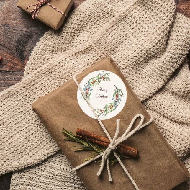 Pegatina Redonda Elegante guirnalda botánica de navidad (Subido por el creador)