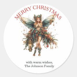 Pegatina Redonda Elegante hada navideña con Navidades farolillos