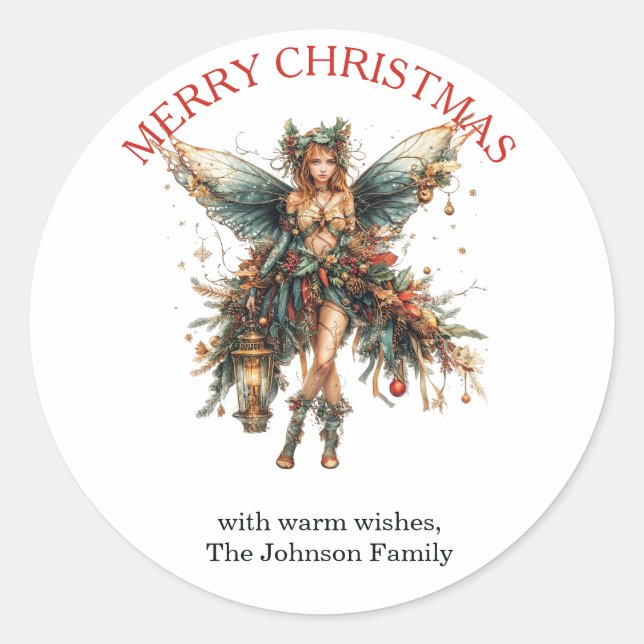 Pegatina Redonda Elegante hada navideña con Navidades farolillos (Anverso)