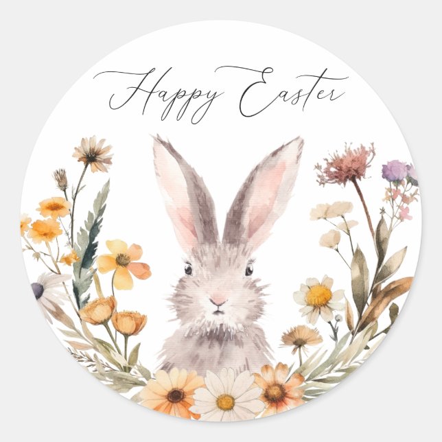 Pegatina Redonda Elegante Happy Easter Bunny Wildflower Floral (Anverso)