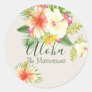 Pegatina Redonda Elegante hawaiano Aloha Tropical Personalizado