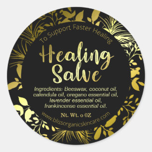 Pegatina Redonda Elegante Hoja de Oro Rama Balde Sanación Herbal