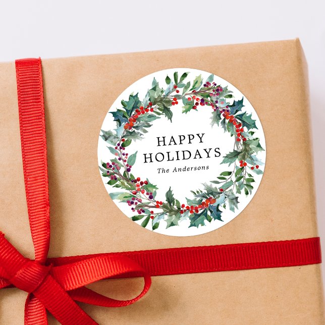 Pegatina Redonda Elegante Holly Berry Wreath (Subido por el creador)